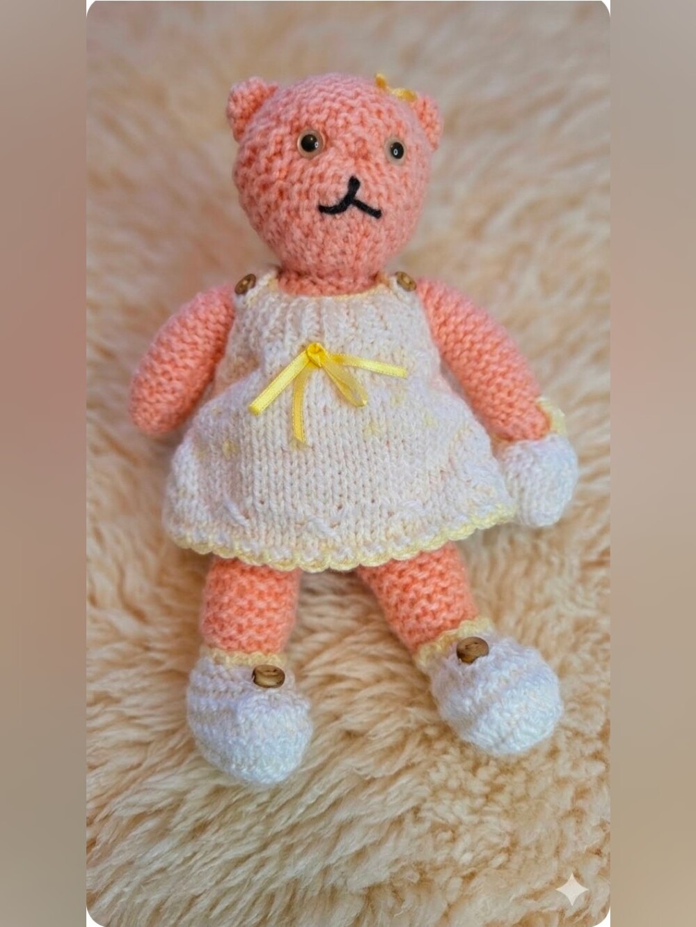 Handmade Knitted Pink Teddy Bear Plush Doll in Dress & Shoes 11”